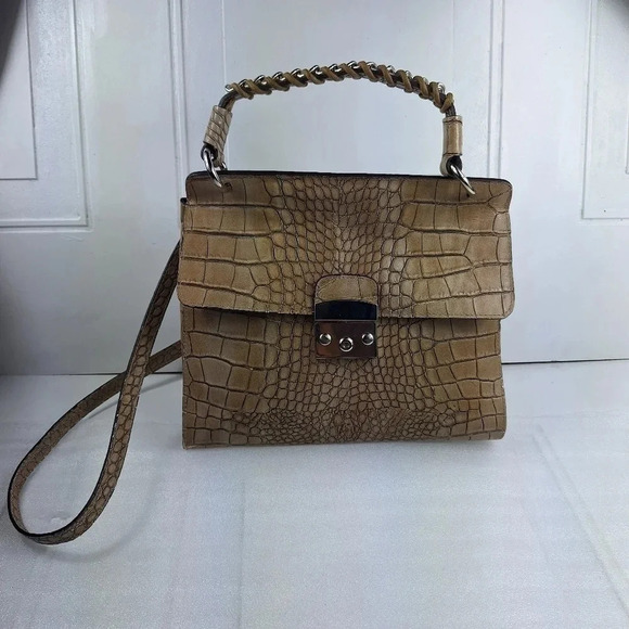 Claudia Firenze Croc Embossed Leather Cream Colored Satchel/ Bag - Picture 6 of 16